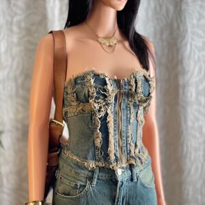 NWT BDG Jeans Urban‎ Outfitters Distressed Dirty Wash Denim Grunge Corset Top